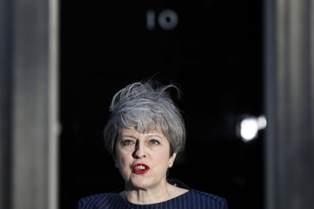 Britain's Prime Minister Theresa May speaks to the media outside 10 Downing Street, in central London, Britain April 18, 2017. British Prime Minister Theresa May called on Tuesday for an early election on June 8, saying the government had the right plan for negotiating the terms of Britain's exit from the European Union and she needed political unity in London. REUTERS/Stefan Wermuth - RTS12QWM